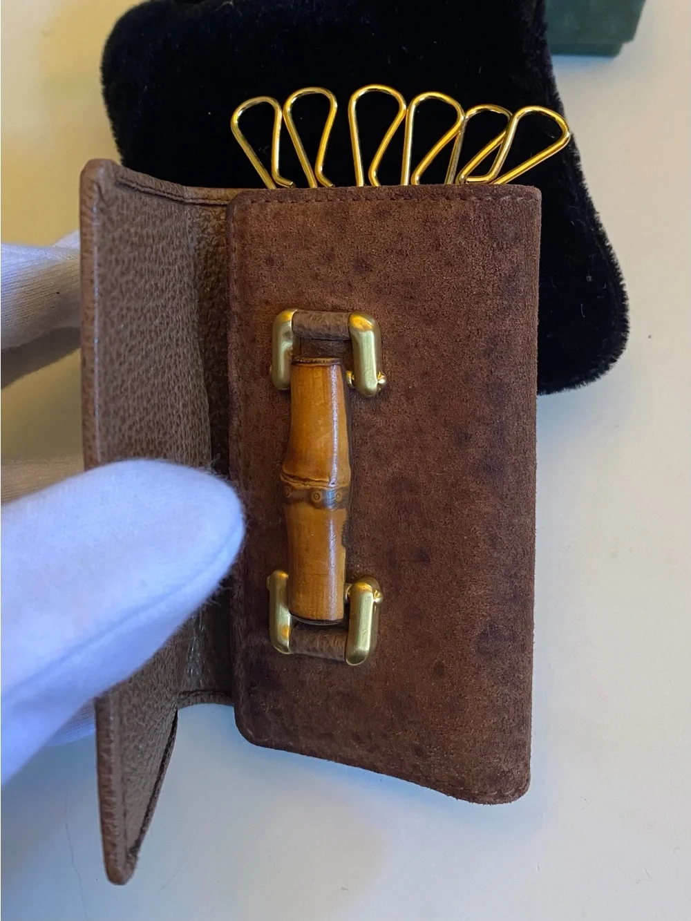 Gucci Brown Pebbled Leather Key / Card Case with Gold-Tone / Bamboo Hardware